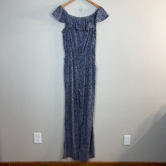 Diane Von Furstenberg Jumpsuit M Navy White Floral Off Shoulder Wide‎ Leg Womens - Picture 1 of 11